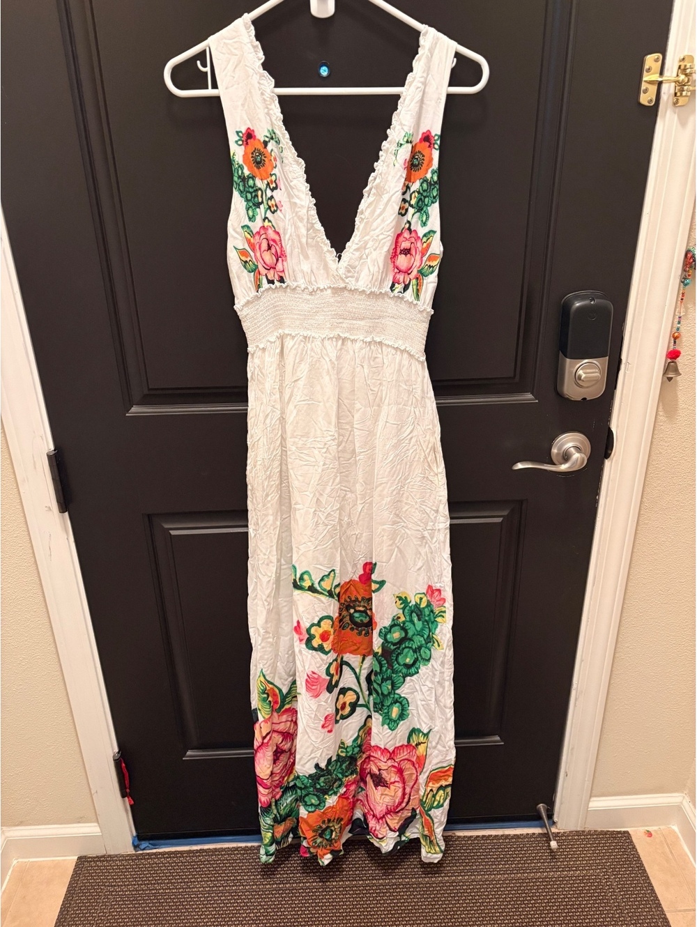 Desigual White Floral Beaded Maxi Dress Deep V-Neck Bohemian Size S